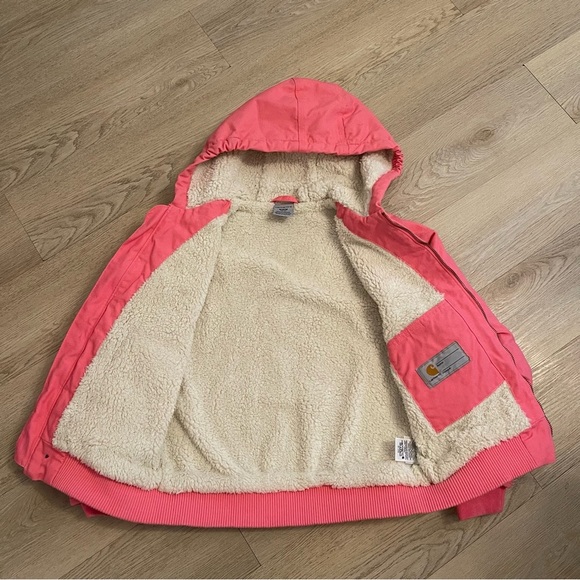 Carhartt Youth M 10-12 Coat Duck Canvas Girls Sherpa Lined Hooded Jacket Pink - Picture 4 of 13